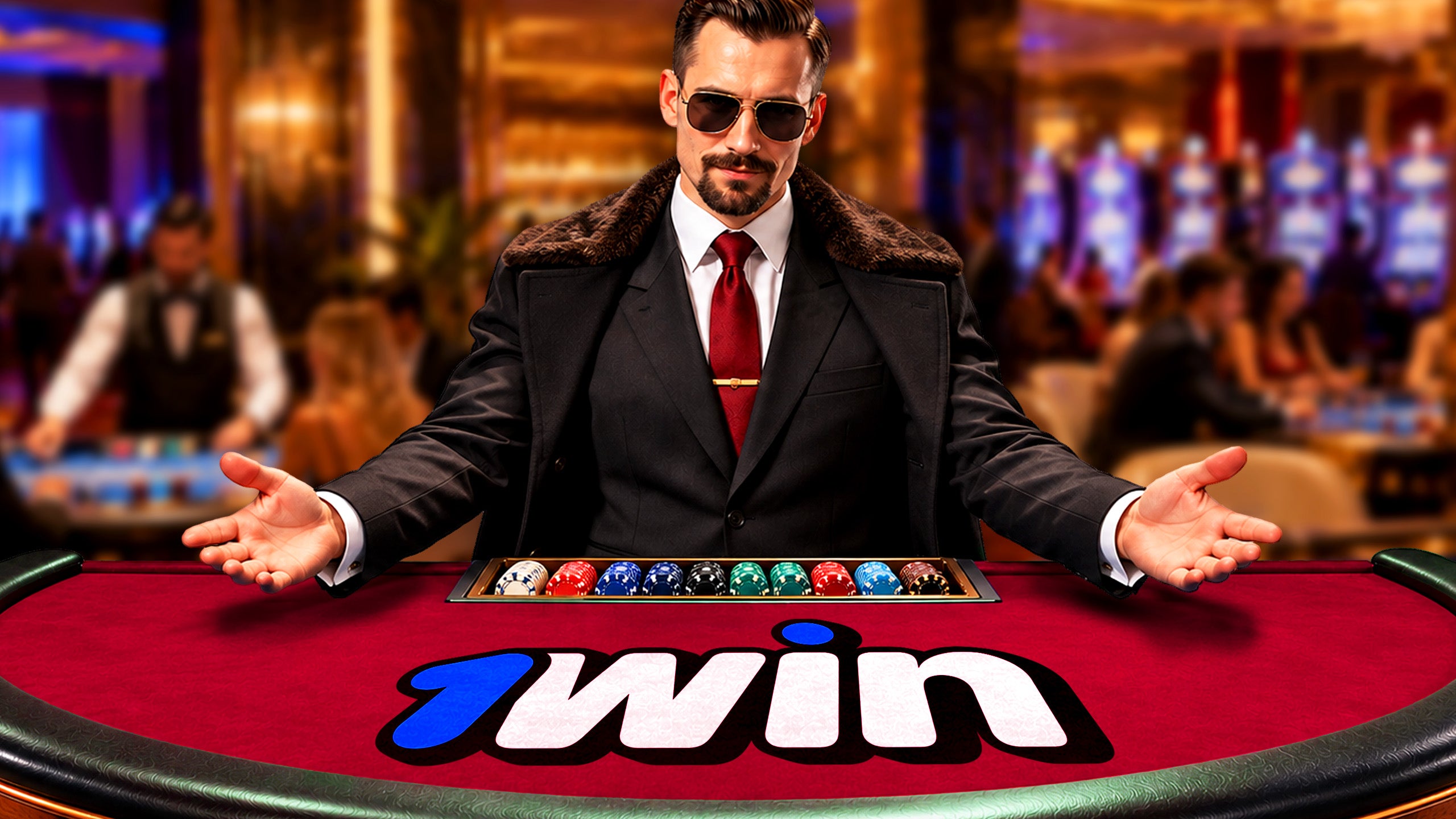Illustrated casino dealer behind a red table bearing the 1Win logo